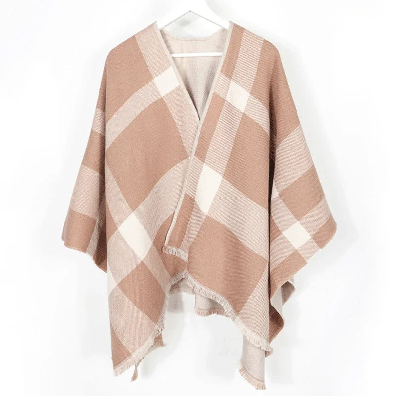 2023 Women's V-neck Cashmere Bat Sleeved Poncho Cape Coat Shawl Cardigan Argyle with Tassels Detail Female Spring Autumn Ponchos